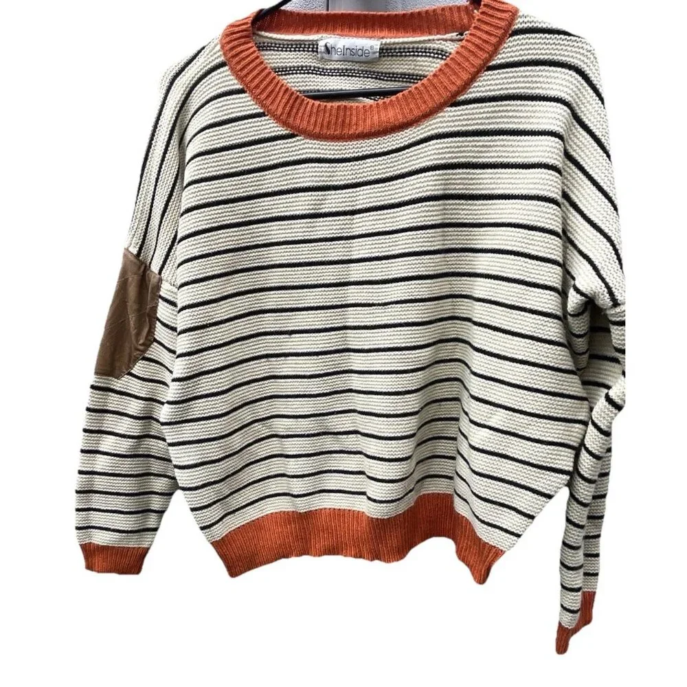 Vintage She Inside Women’s Sz Large Brown And Orange Cardigan Striped Sweater